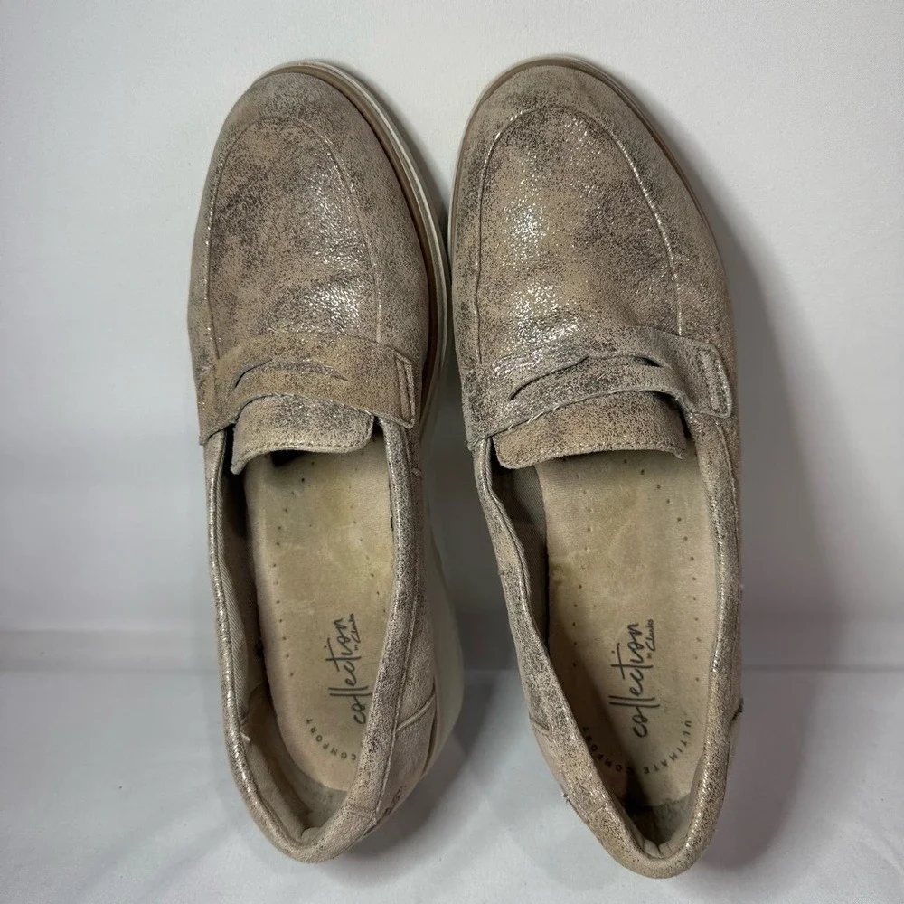 Clarks Sharon Ranch Penny Loafer Platform Suede Gold Pewter  Metallic‎ Size 9